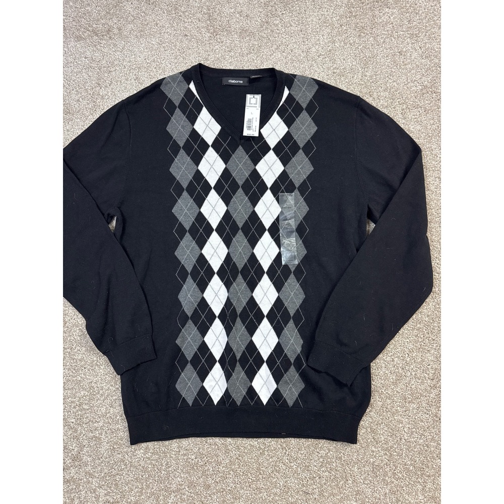 Claiborne Mens Argyle V-Neck Sweater Black Grey White Cotton Blend Pullover L - Picture 1 of 5